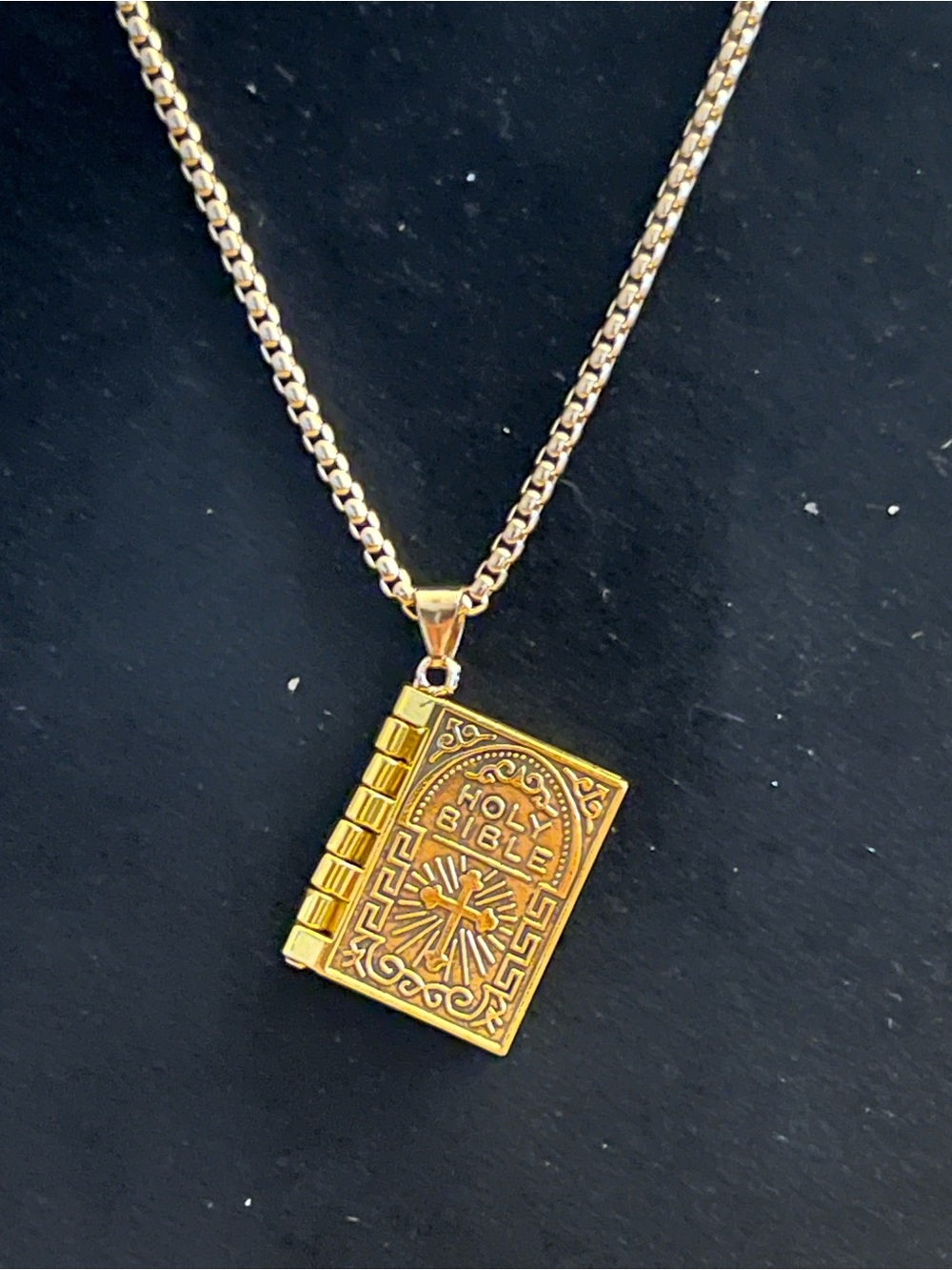 Christian Holy Bible Lord’s Prayer Book Pendant Gold Tone Necklace